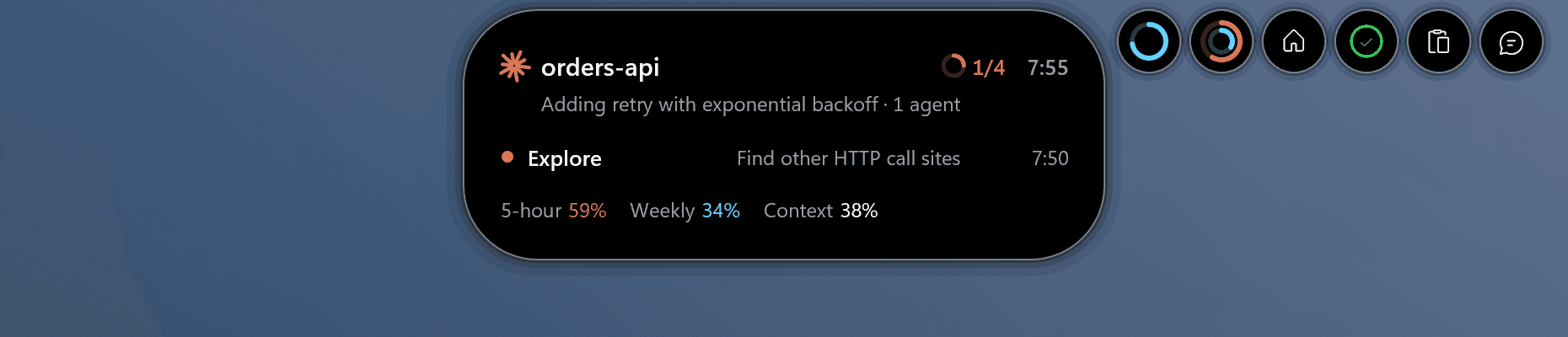 A Claude session card: orders-api adding retry with backoff, to-dos at 1 of 4, an Explore subagent at work, and limit and context use