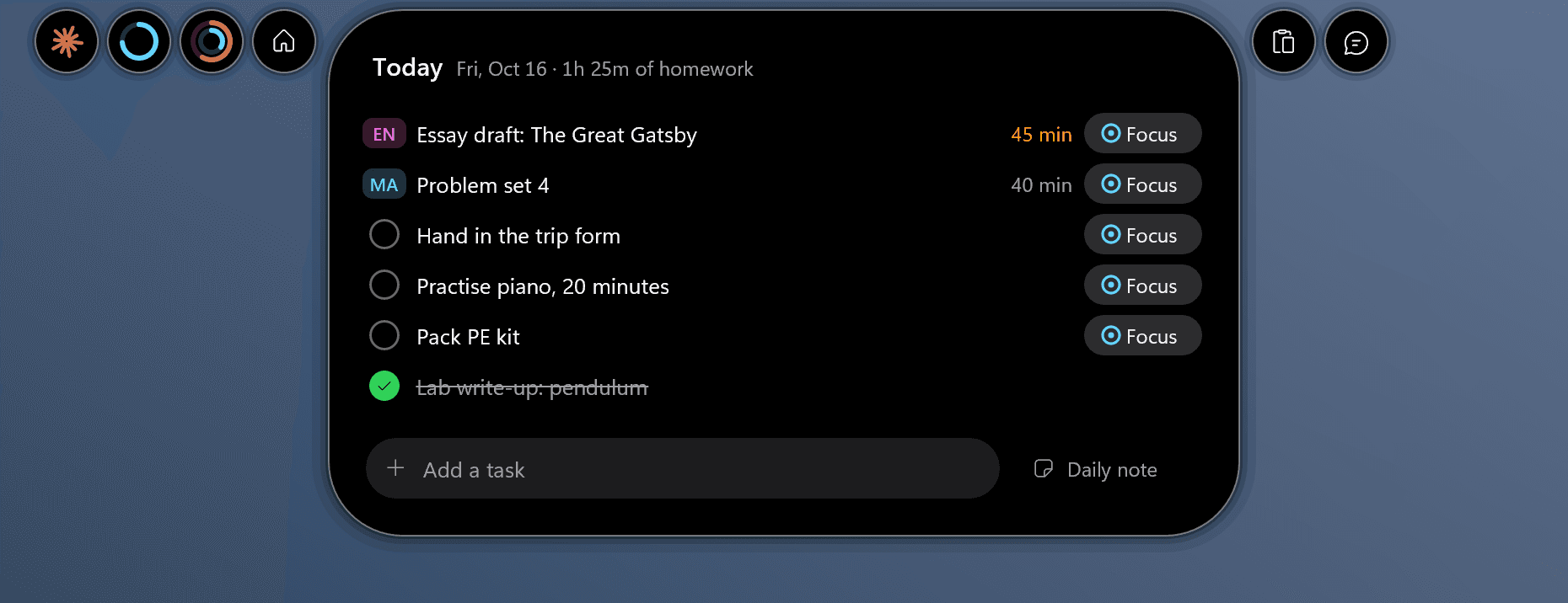The Today page: homework blocks tagged EN and MA with their minutes, three tasks from today's note with Focus buttons, a finished lab