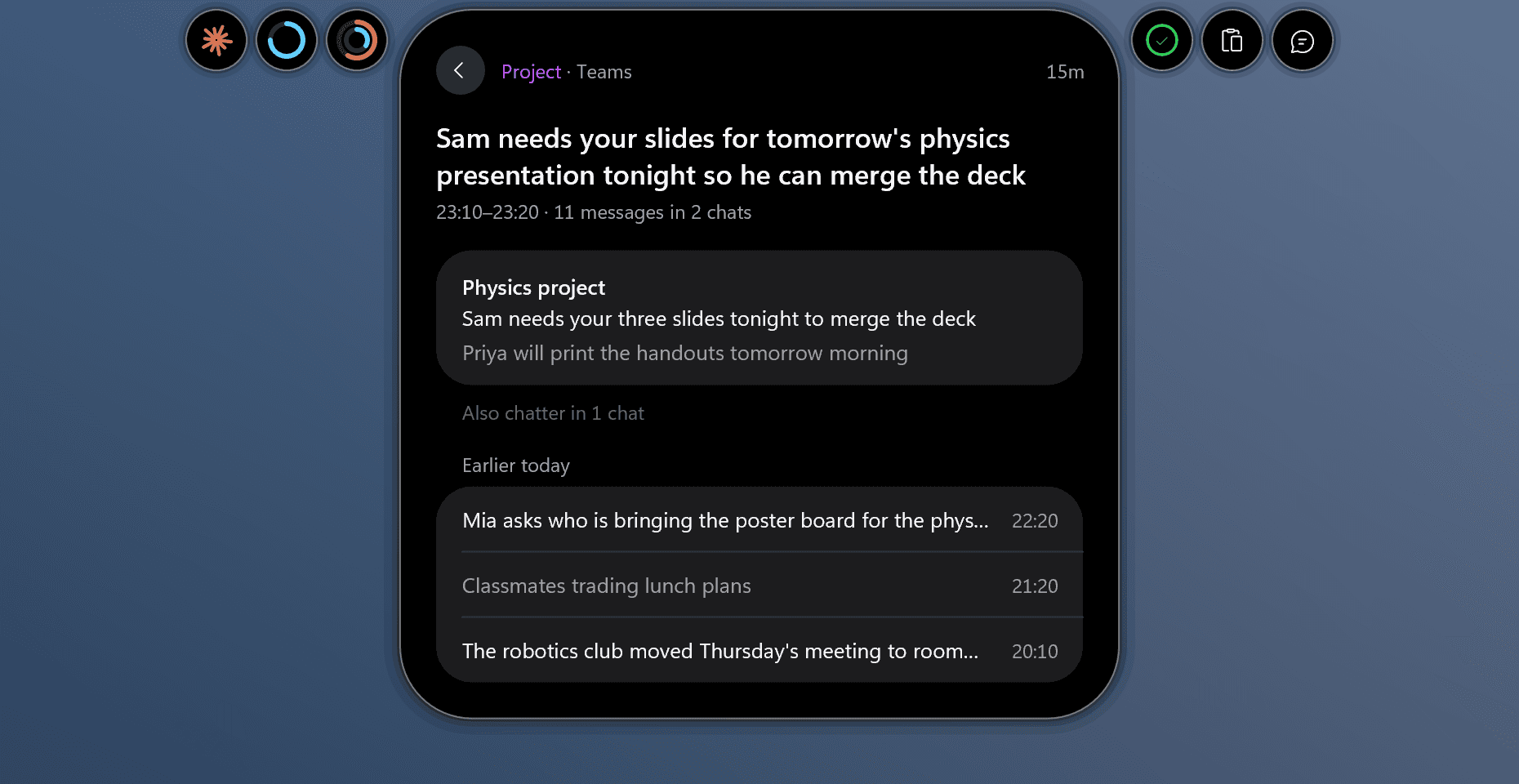 An important Teams digest opened: Sam needs three slides tonight, Priya will print handouts, chatter in one other chat, three earlier ones