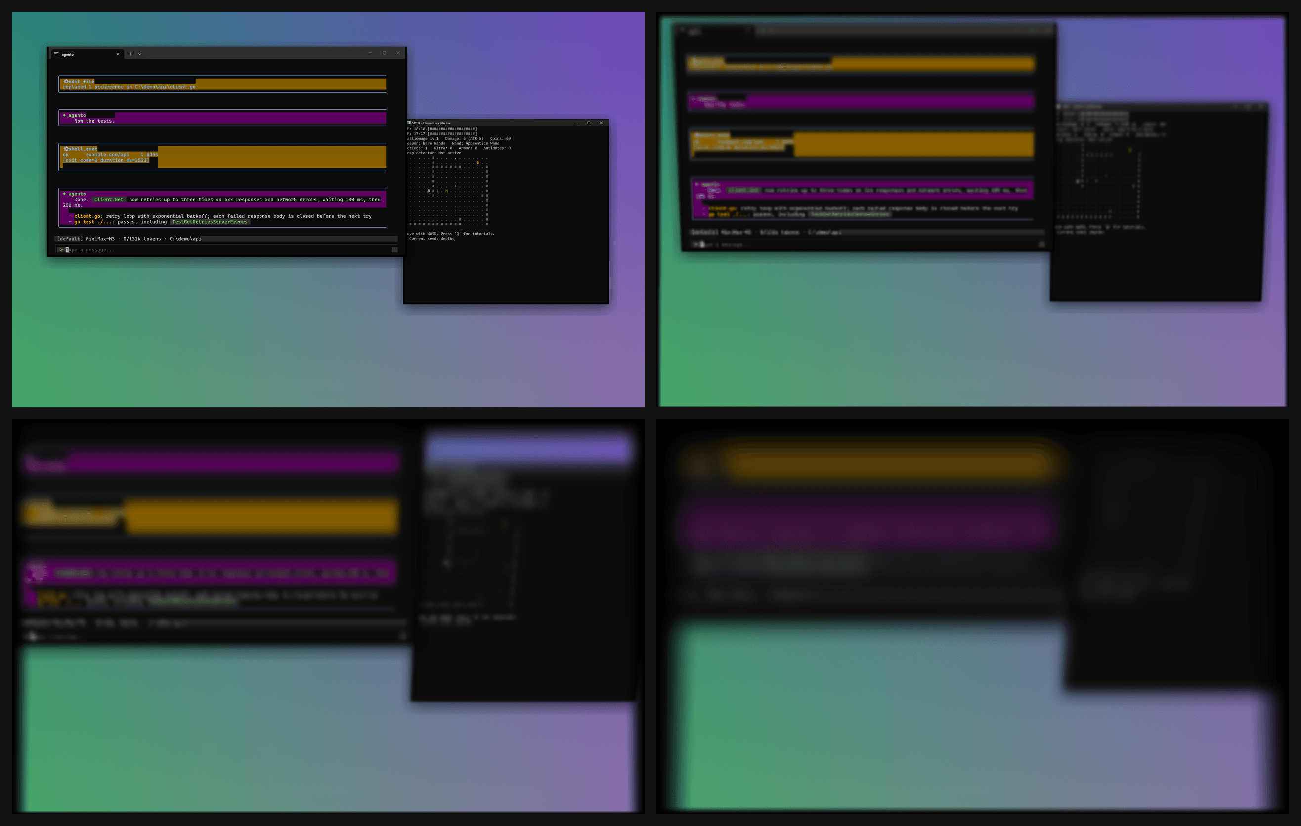 Four frames of the Duo effect on a sample desktop: sharp and flat, then tipping back and blurring, then darker and almost dissolved