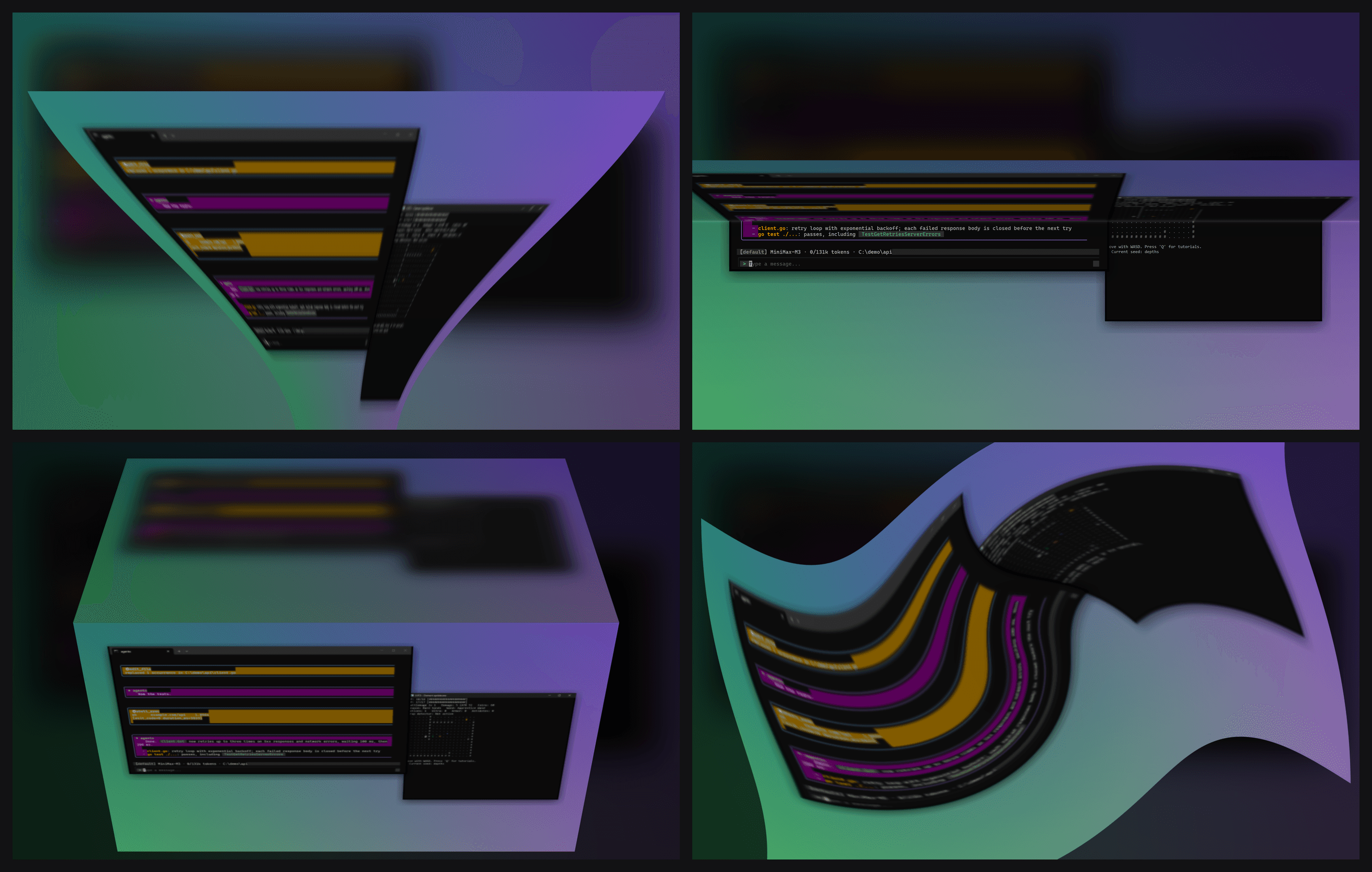 One sample desktop through four effects at the same angle: Genie funnelling down, Fold creasing, Cube turning, Twirl spinning