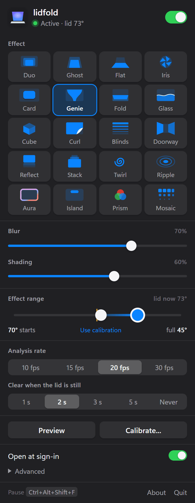 The tray panel: Active · lid 73°, 20 effects with Genie chosen, Blur 70%, Shading 60%, an effect range from 70° to 45°, rate options
