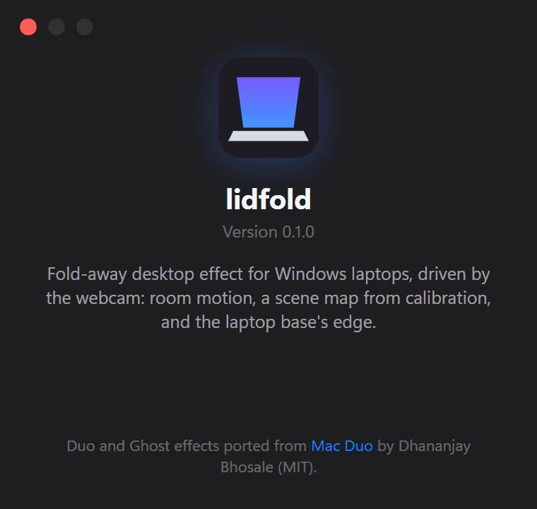 The About window: the lidfold icon, Version 0.1.0, and a line naming its cues: room motion, a scene map and the base's edge