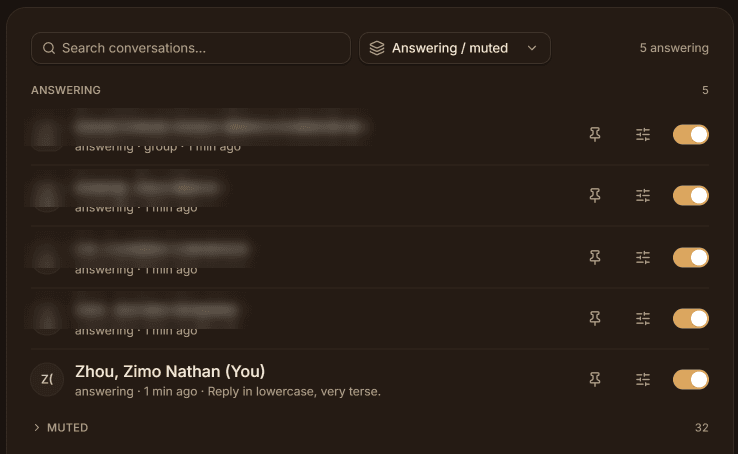 The list of conversations it answers, with others' names blurred