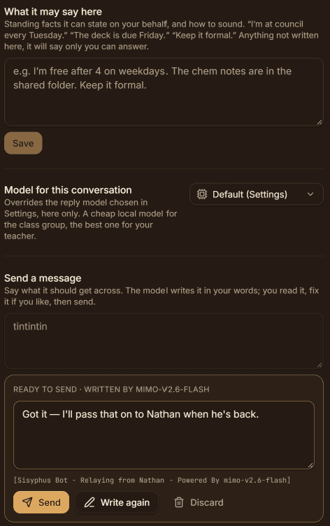 Per-conversation instructions and a drafted relay message ready to send