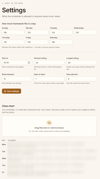 Settings for daily time and sitting lengths, above the imported class chart